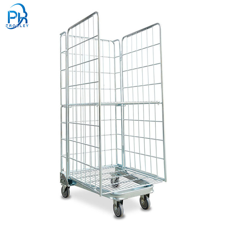 Warehouse 3 Sided Logistics Detachable Foldable Industrial Laundry Transport Wire Metal Rolling Trolly Cages for Storage