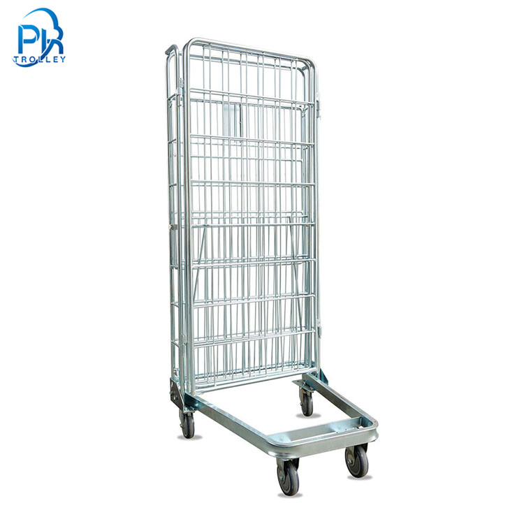 Warehouse 3 Sided Logistics Detachable Foldable Industrial Laundry Transport Wire Metal Rolling Trolly Cages for Storage