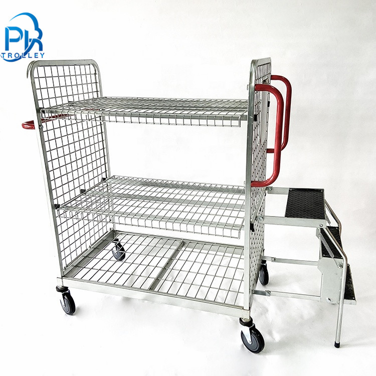 Warehouse Mesh Multi-Tier Order Picking Trolley with Steps and Ladder
