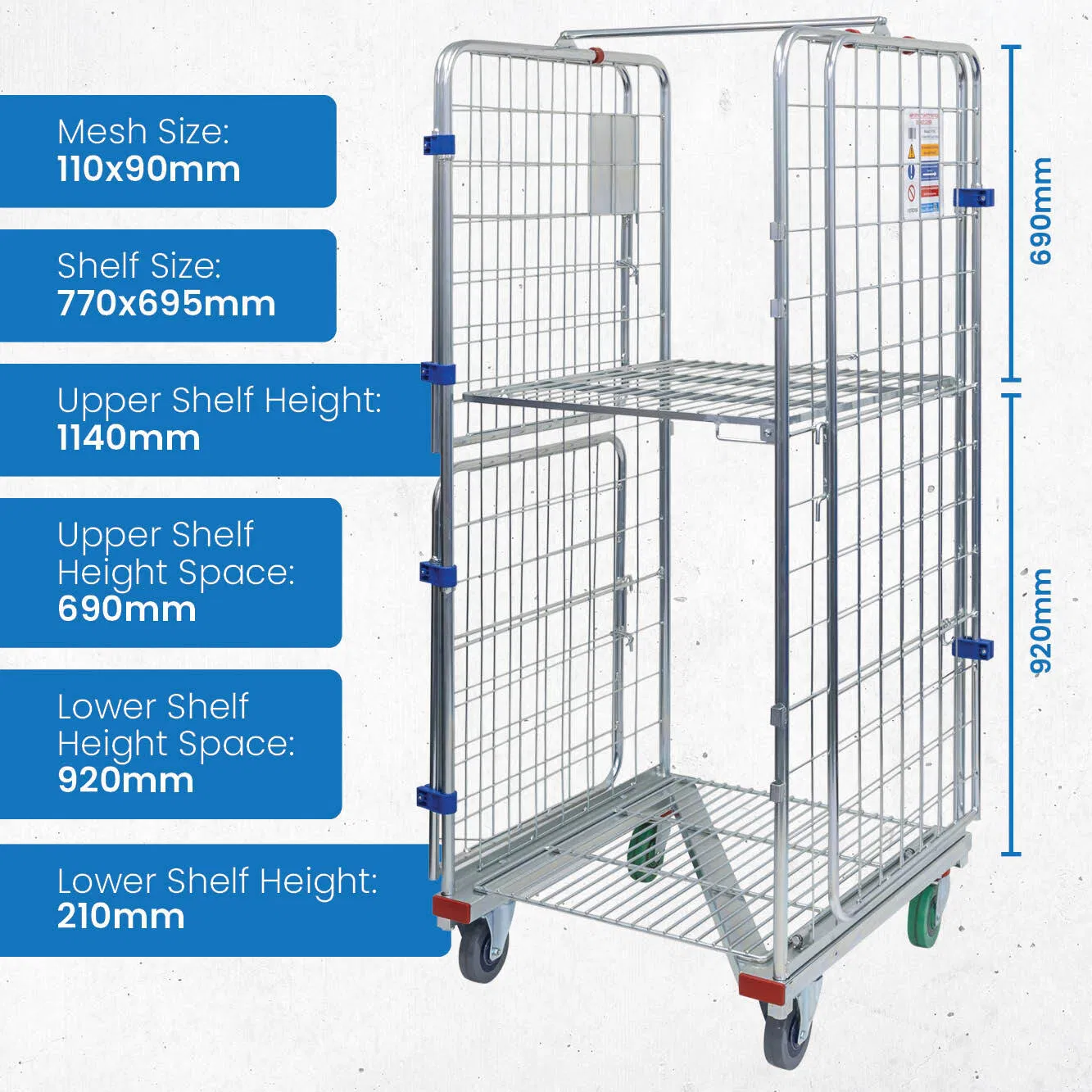 4 Sided Galvanized Storage Wire Mesh Roll Cage Trolley