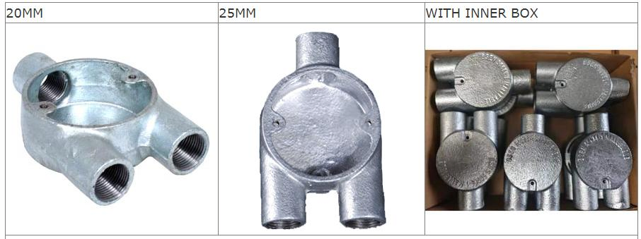 BS4568/En61386 Malleable Iron Y Box 3 Way Circular Boxes Steel HDG 25mm