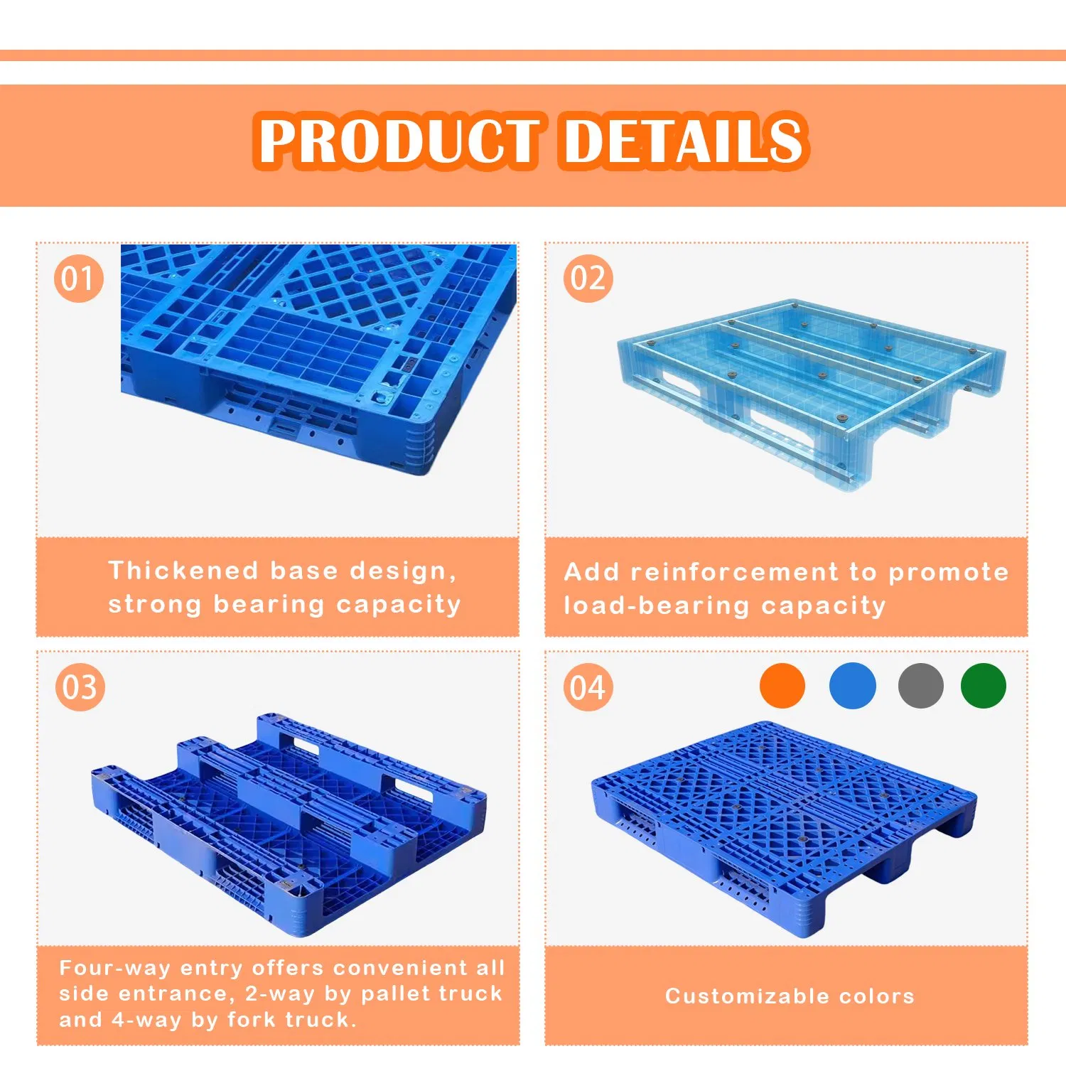 Huading Industrial Euro Pallets 1200*1000*150mm 3-Runner Heavy Duty Single-Faced PP Material 4-Way Entry Plastic Pallet
