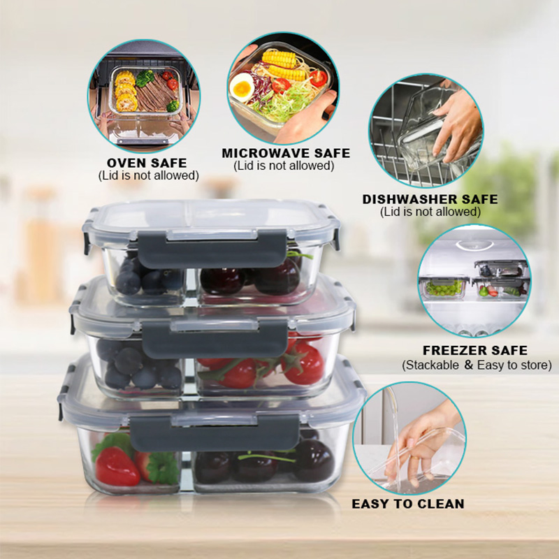 580ml Stackable Full Divider High Borosilicate Glass Container with Leakproof Lid, Freezer Safe, Bulk Supply, Glass Partition Lunch Box for Food Storage