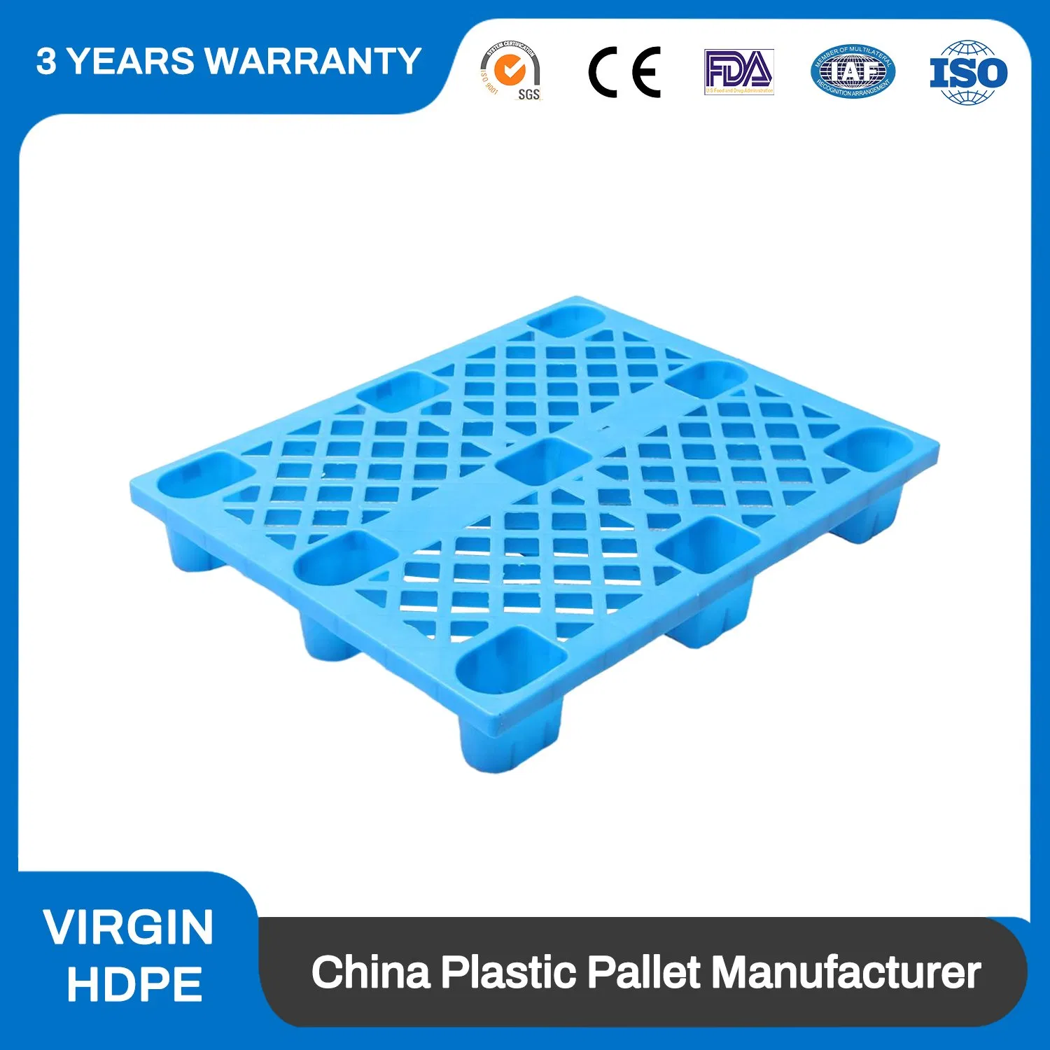 1200*1200mm Heavy Duty Food Grade Hygienic Flat Surface 3 Skids Plastic Pallet for Pharmaceutical Industry