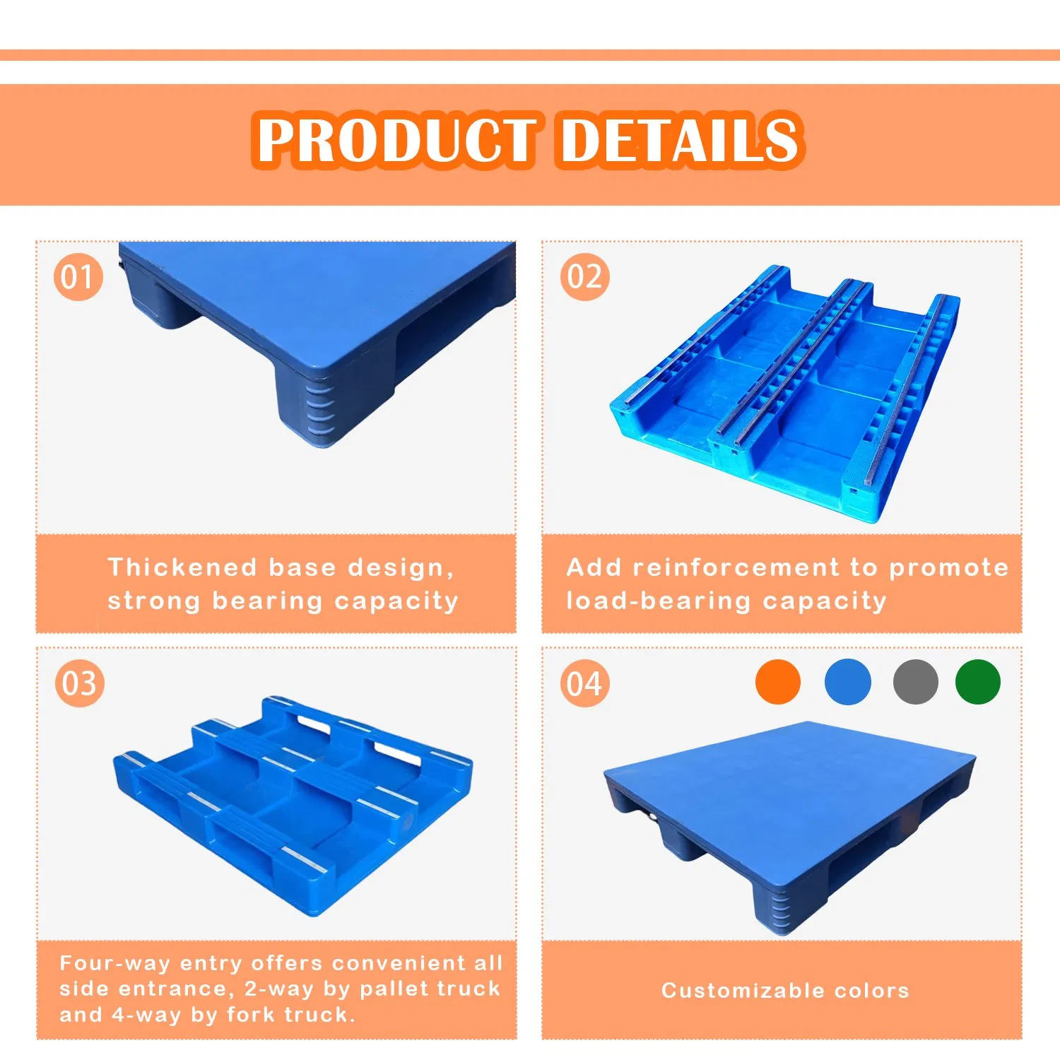 Huading 1200*1000*150mm Warehouse Storage Transportation PP &amp; HDPE Plastic Pallet Hygenic Double-Faced Heavy-Duty Plastic Pallet