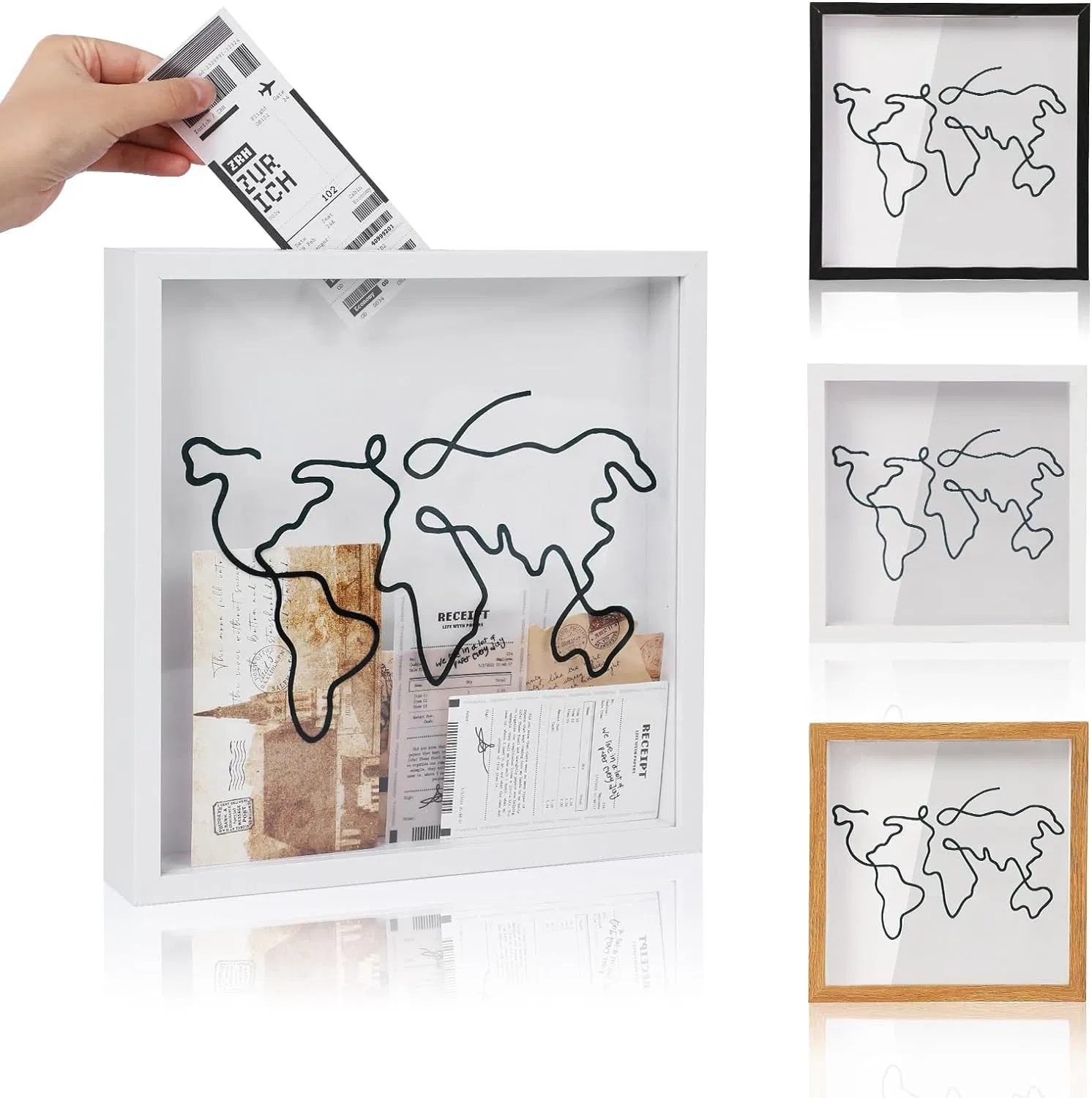 Natural Wood Shadow Box Frame Black &amp; White Print Slot with Iron for Travel Ticket Collection Photo Display &amp; Storage