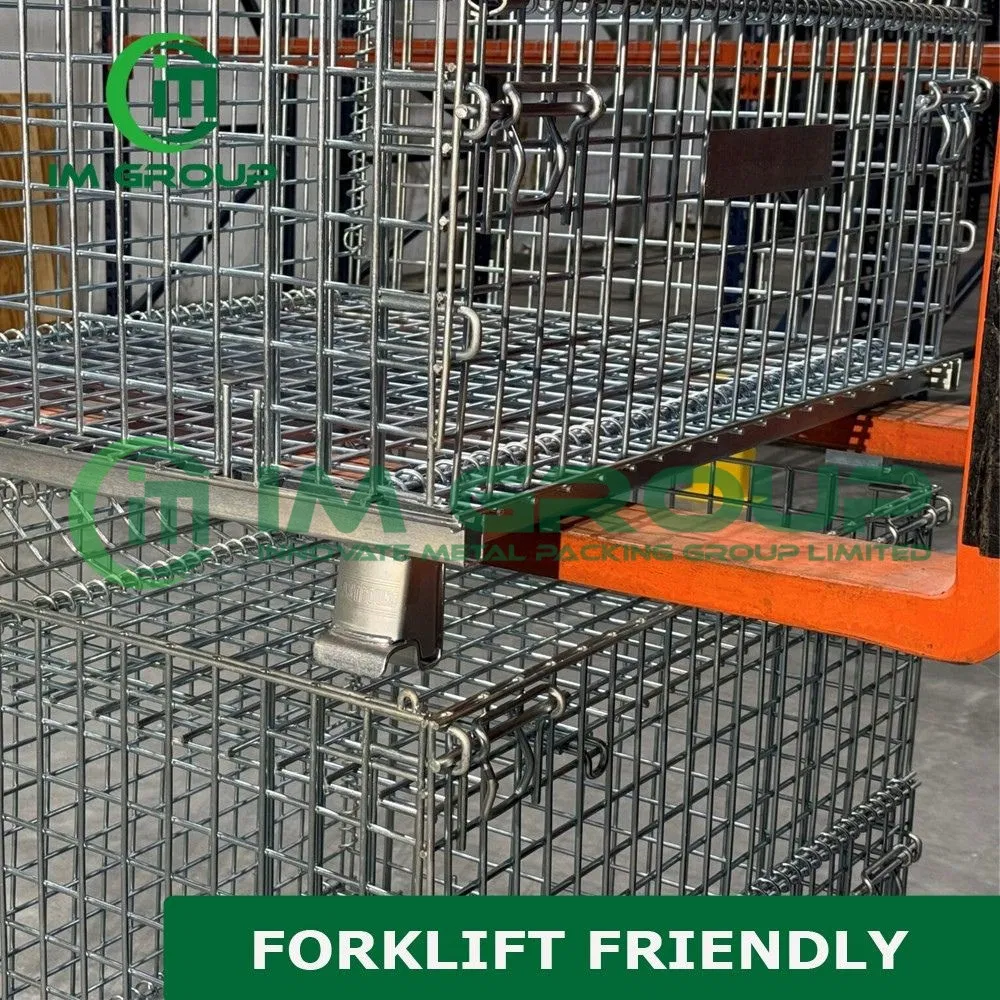 Warehouse Galvanized Rigid Iron Collapsible Wire Mesh Container for Forklifts