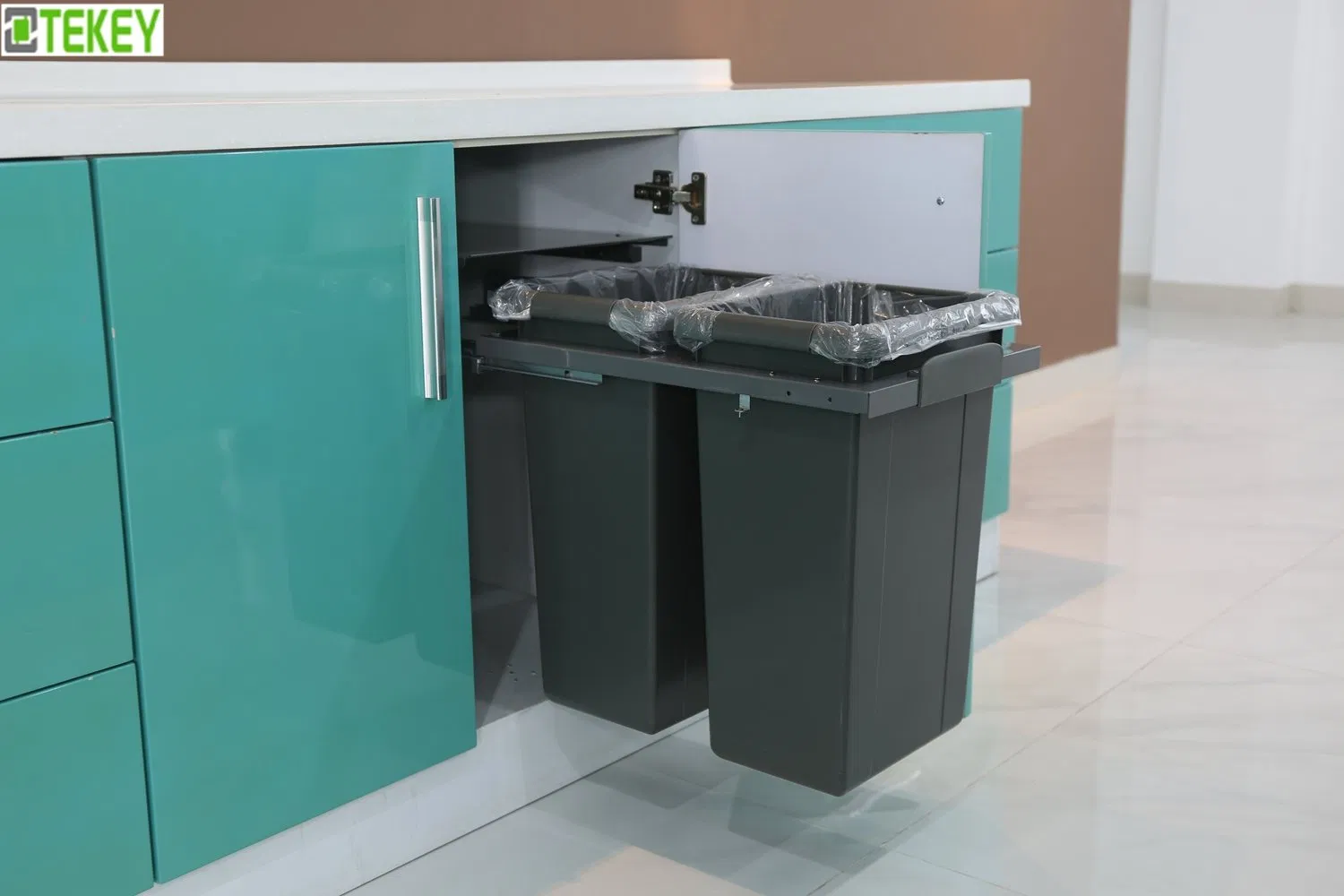 Tekey Kitchen Cabinet Waste Bin Trash Can Pull out Waste Container Plastic Dustbins Hidden Built-in Soft Closing Ball Bearing Slide Pull out Waste Storage