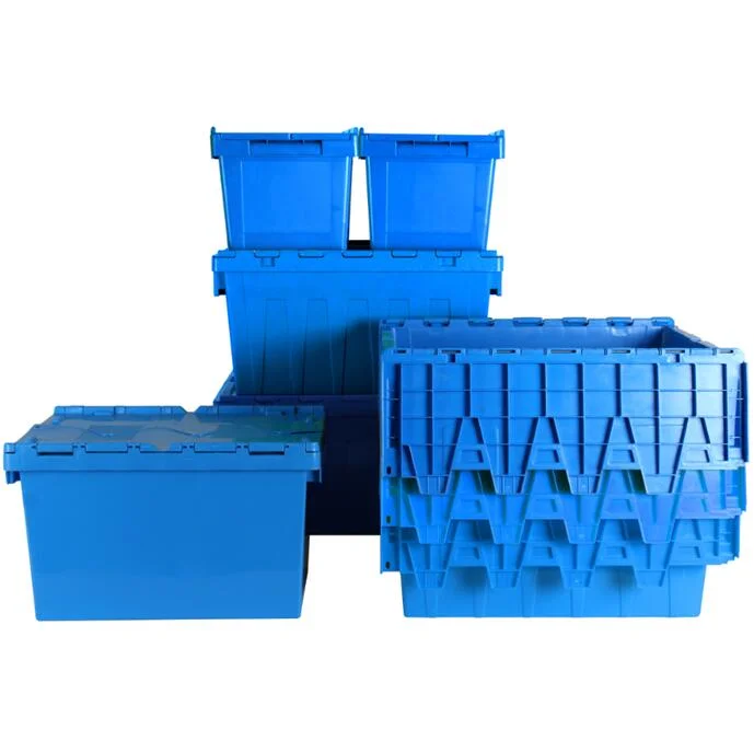Warehouse Stackable Nestable Plastic Storage Box Container with Hinged Lid Crates