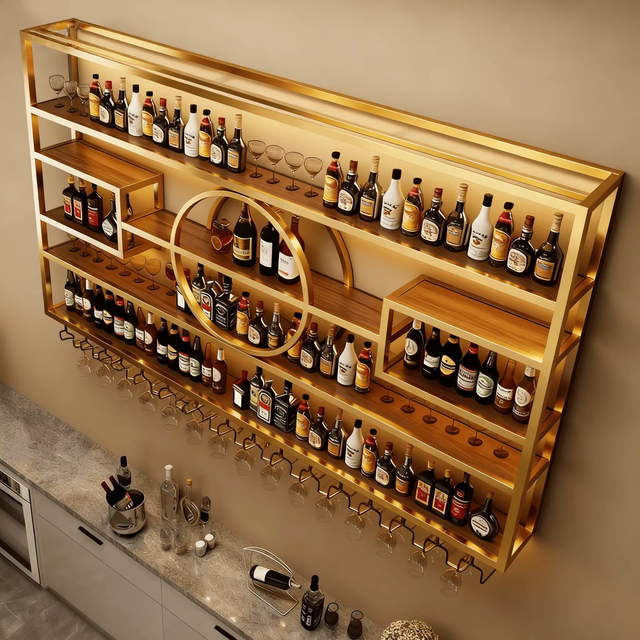 Elegant Wall-Mounted Stainless Steel Liquor Storage Rack with LED Lighting Features