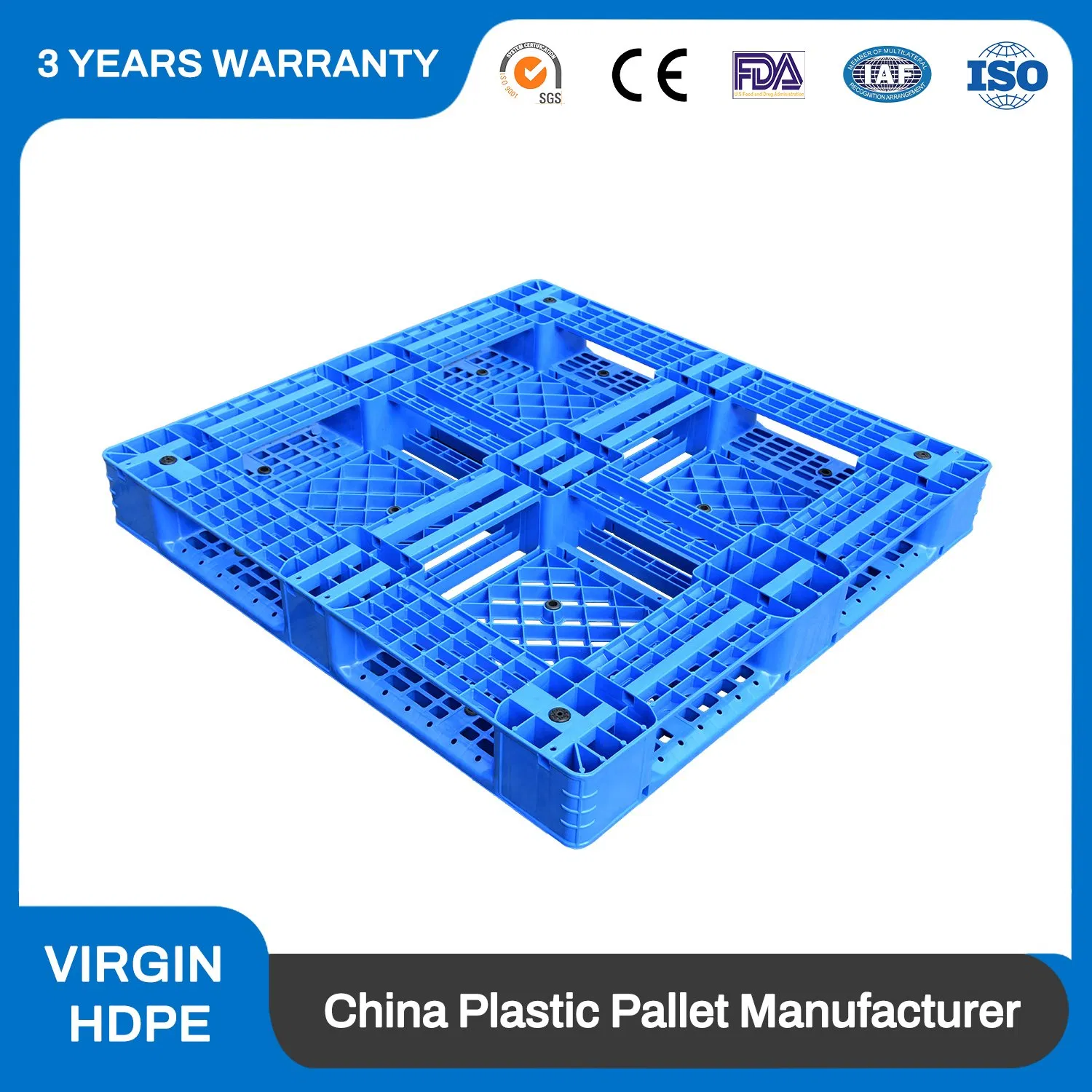 1200*1200mm Heavy Duty Food Grade Hygienic Flat Surface 3 Skids Plastic Pallet for Pharmaceutical Industry