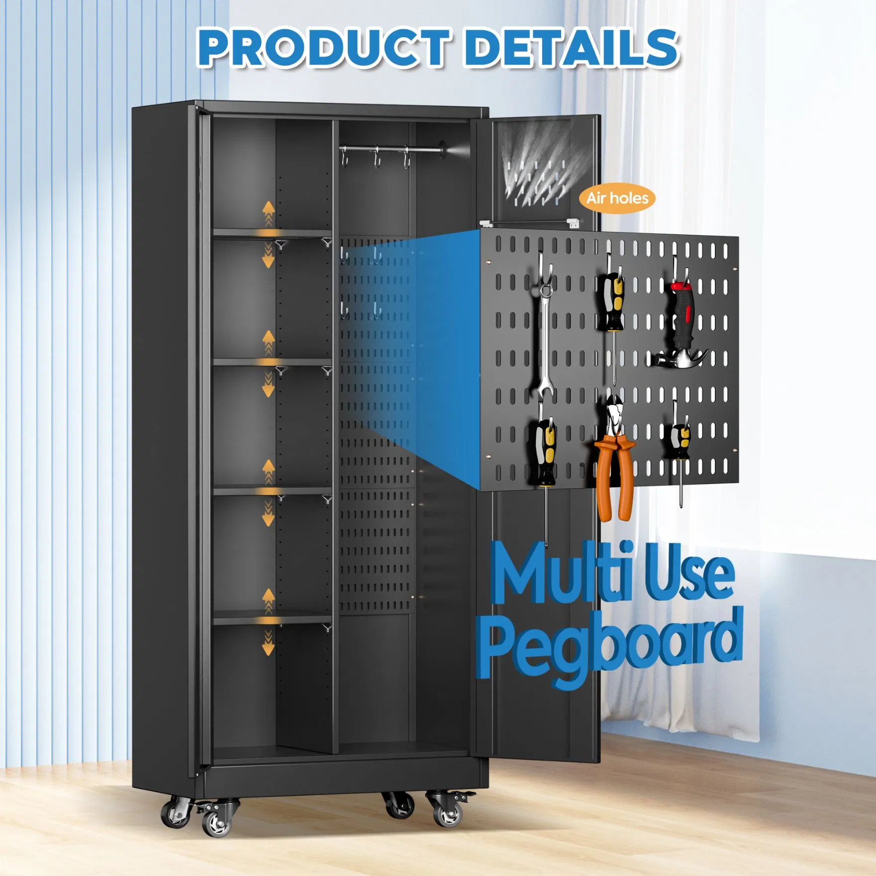 Rolling Tool Cabinet Metal Storage Cabinet with Doors &amp; 4 Adjustable Shelves