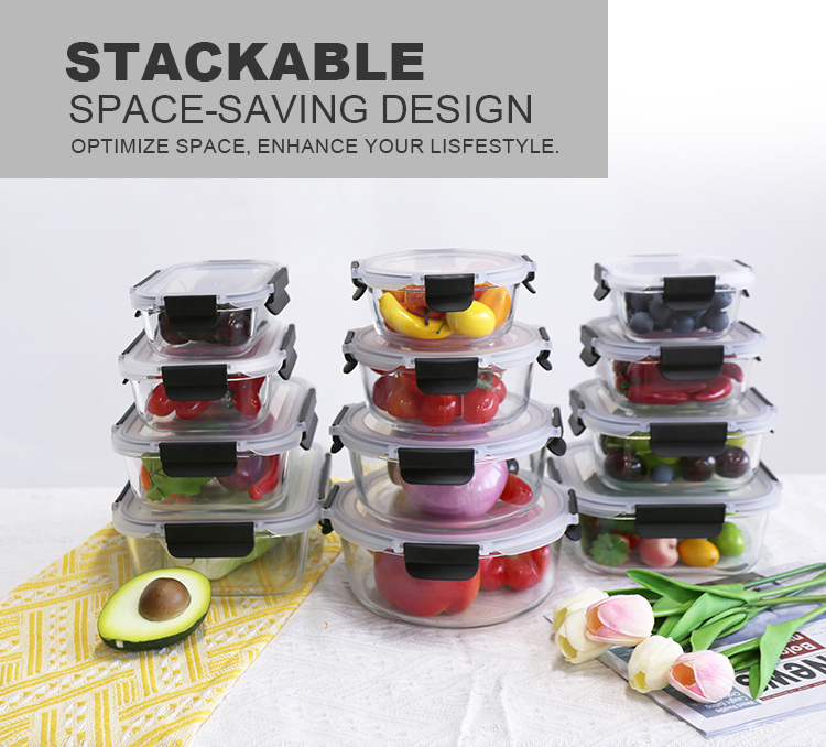Multiple Sizes Removable Lock Glass Food Storage Container Box Set- Airtight, BPA-Free &amp; Stackable for Kitchen Organization, Storing Leftovers, Freezing Meals
