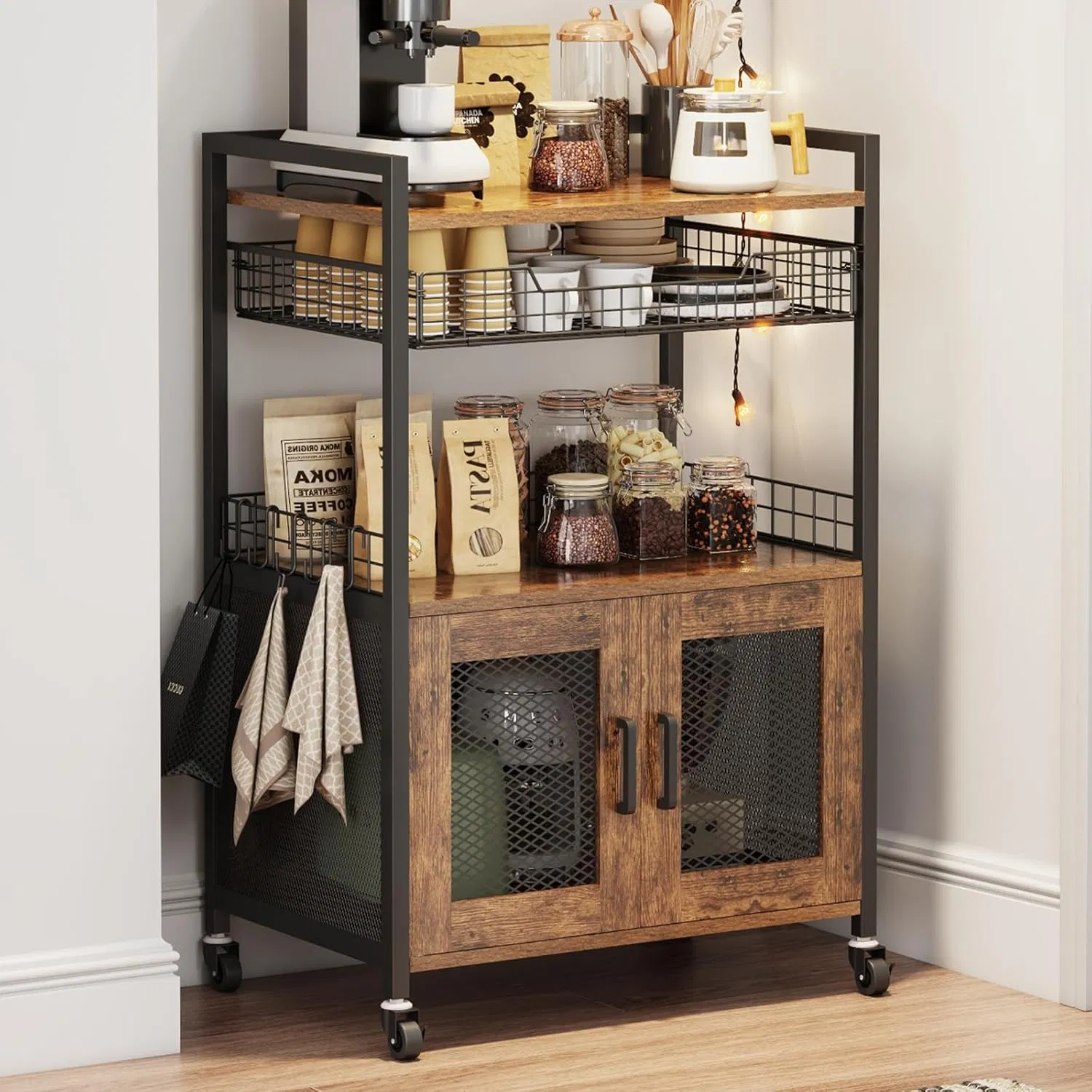 Mobile Multi-Tier Storage Rack with Metal Frame, Wood Shelves &amp; Mesh Door