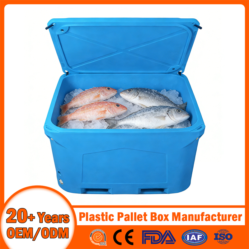 111X91X60cm/1200*1000*760mm/123X103X44cm/660L/1000L Plastic Pallet Insulated Fish Container with Drainage Outlet/Rubbler Lock/Stackable Lid/Wheel/Water Outlet