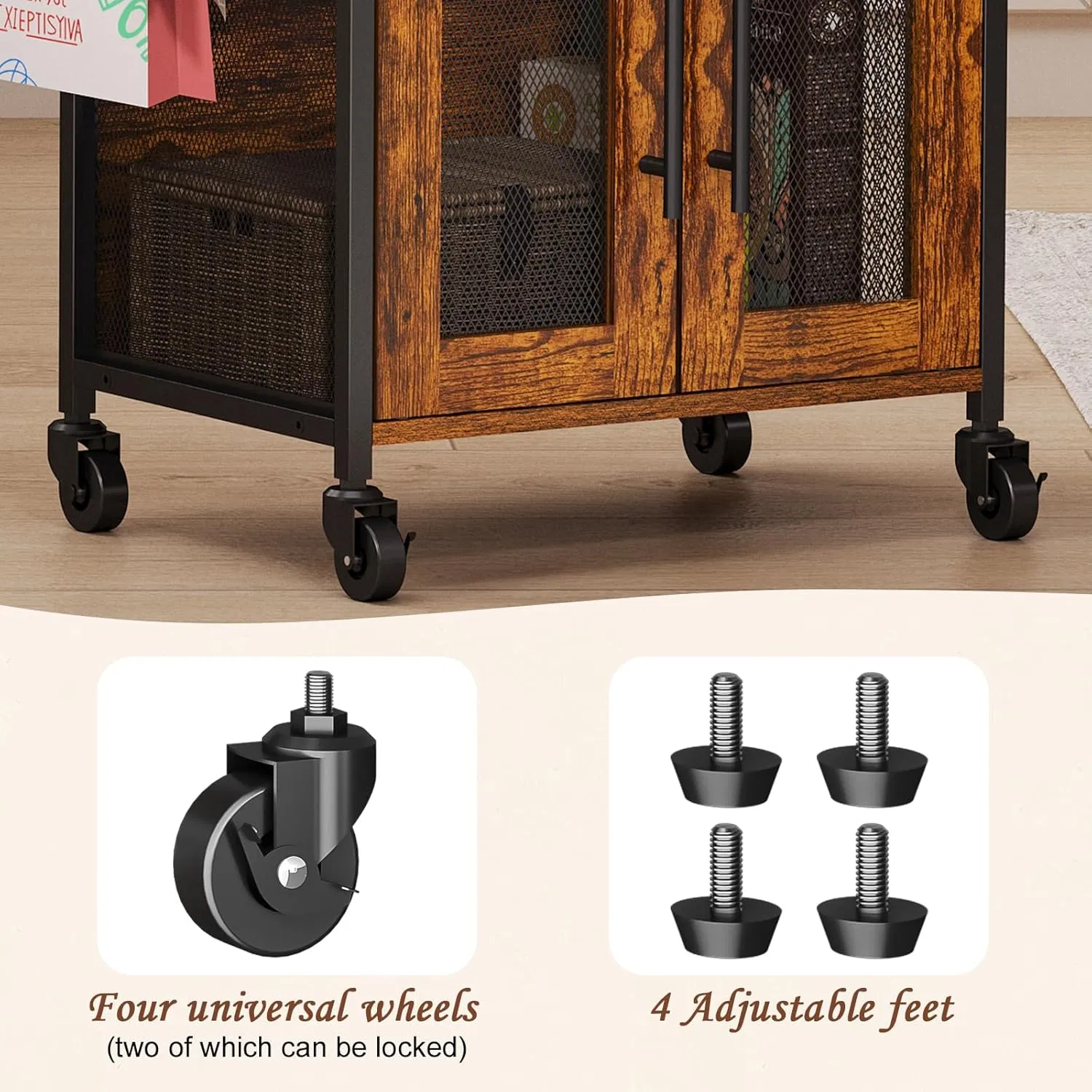 Mobile Multi-Tier Storage Rack with Metal Frame, Wood Shelves &amp; Mesh Door