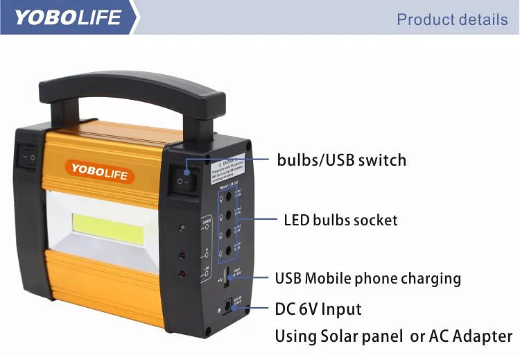 Kit de iluminación de emergencia solar portátil LED para el hogar pequeño, sistema multifuncional