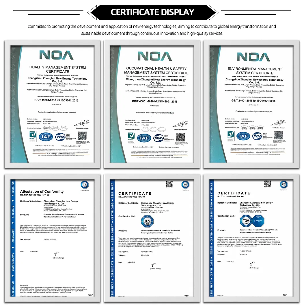 Certificados de calidad internacionales del sistema fotovoltaico