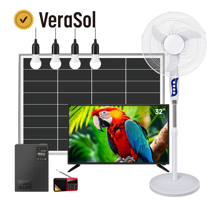 Sistema Solar para Hogar Certificado por Ngo/Undp Verasol 30W 50W 80W 100W 150W 180W con 16inch Ventilador, 32inch Televisor y Radio RM para Kit Solar Portátil para Hogar