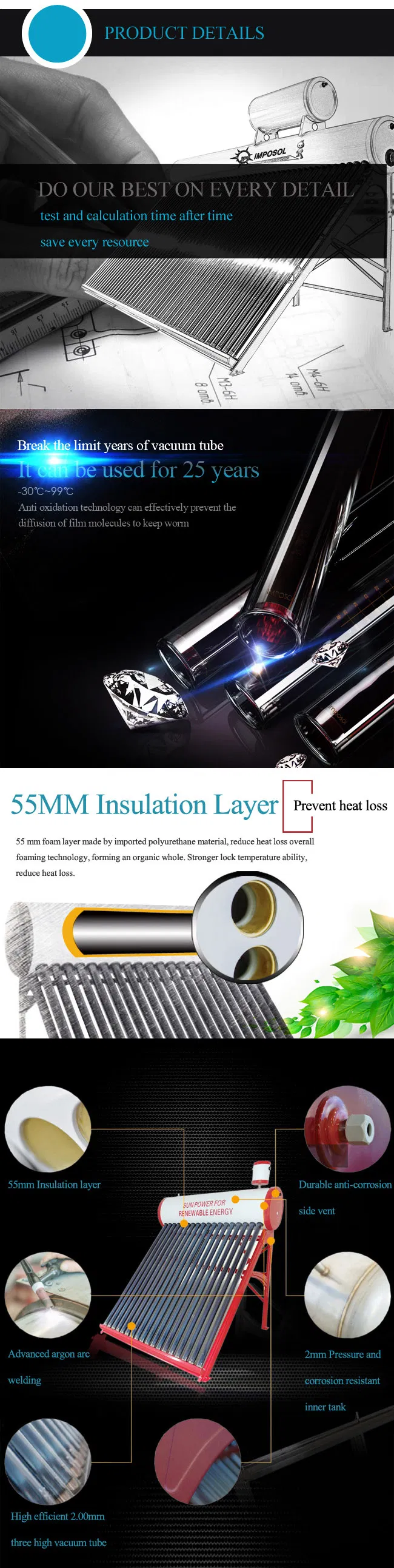 Sistema de calefacción de agua caliente solar pasivo presurizado con tubo de calor (serie YuanMeng) para calefacción central en gimnasios/áreas remotas con SRCC, SABS, Solar Keymark