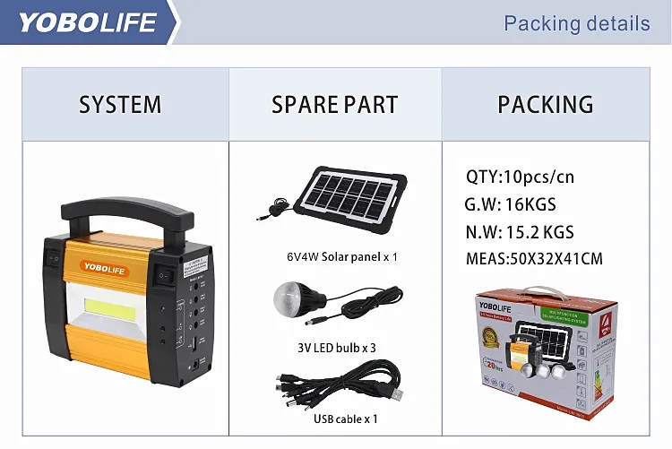 Kit de iluminación de emergencia solar portátil LED para el hogar pequeño, sistema multifuncional
