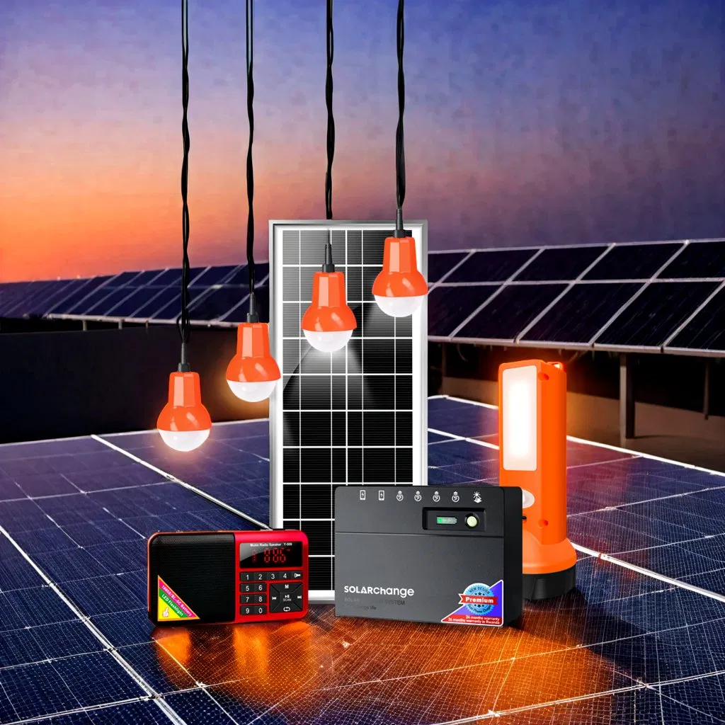 Sistema de Iluminación Solar Portátil Certificado Verasol con Linterna de Radio y 4 Bombillas para Acampar y Energía de Emergencia (SC-810)