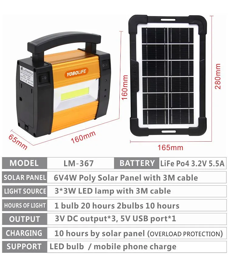 Kit de iluminación de emergencia solar portátil LED para el hogar pequeño, sistema multifuncional