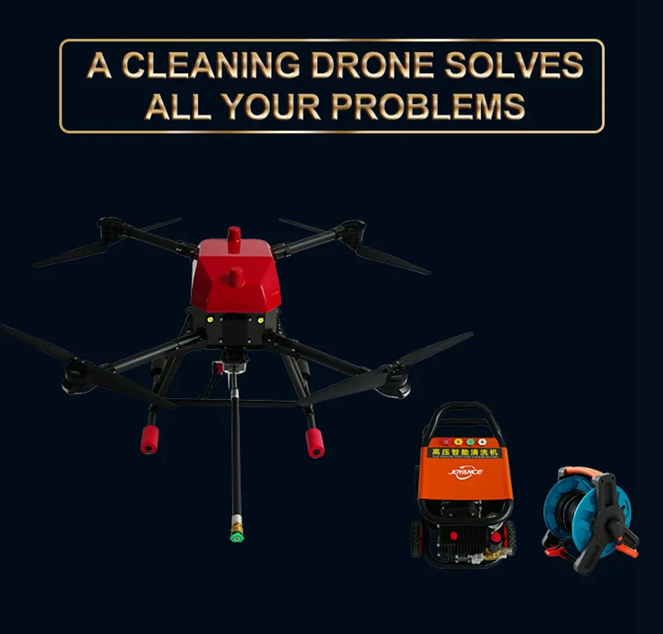 Dron de limpieza robusto y estable con sistema de doble tanque para agua y solución de limpieza