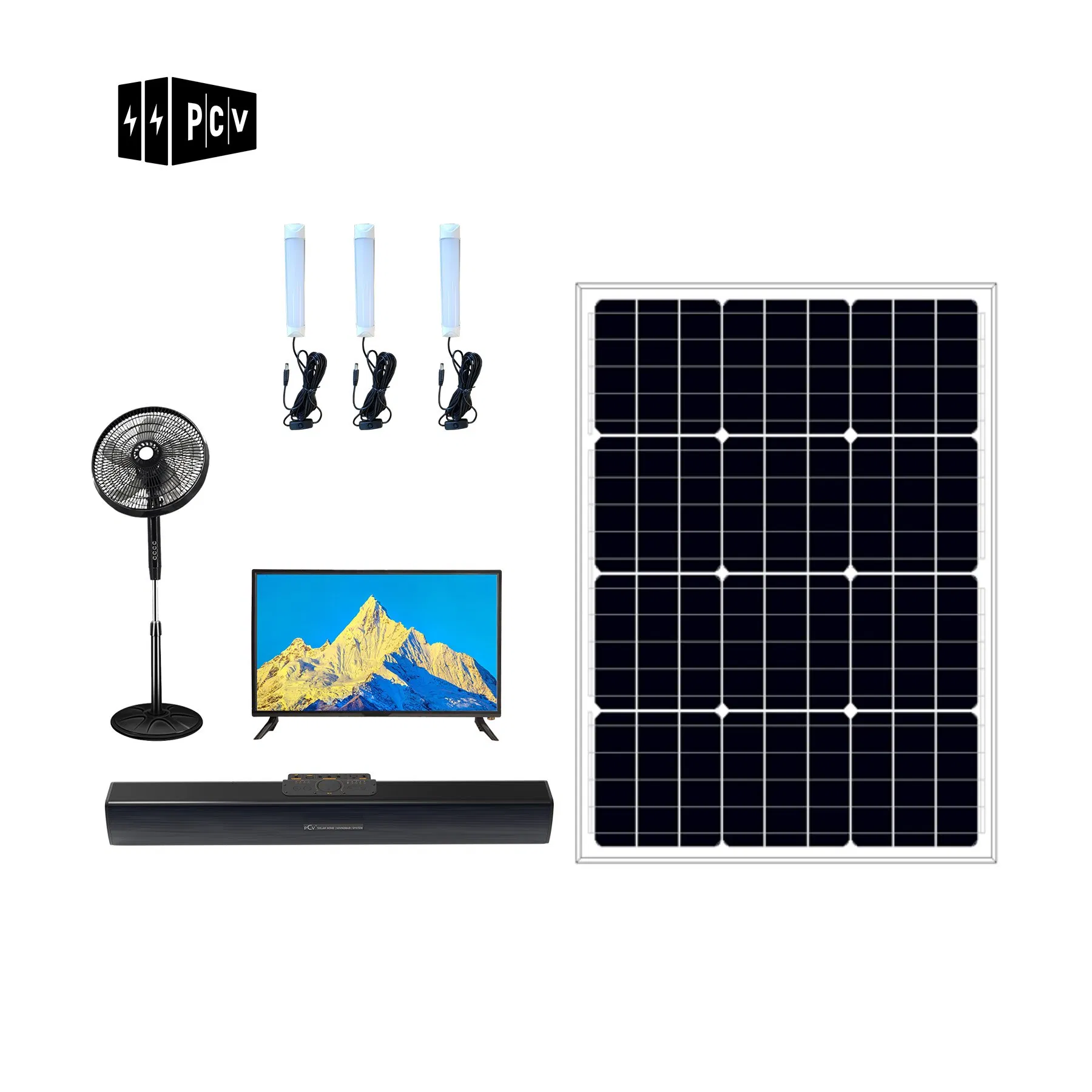Sistema Solar Mini Power para Hogar con 32inch Televisor LED Luz Ventilador de Corriente Continua Panel Solar para Uso Rural o de Emergencia