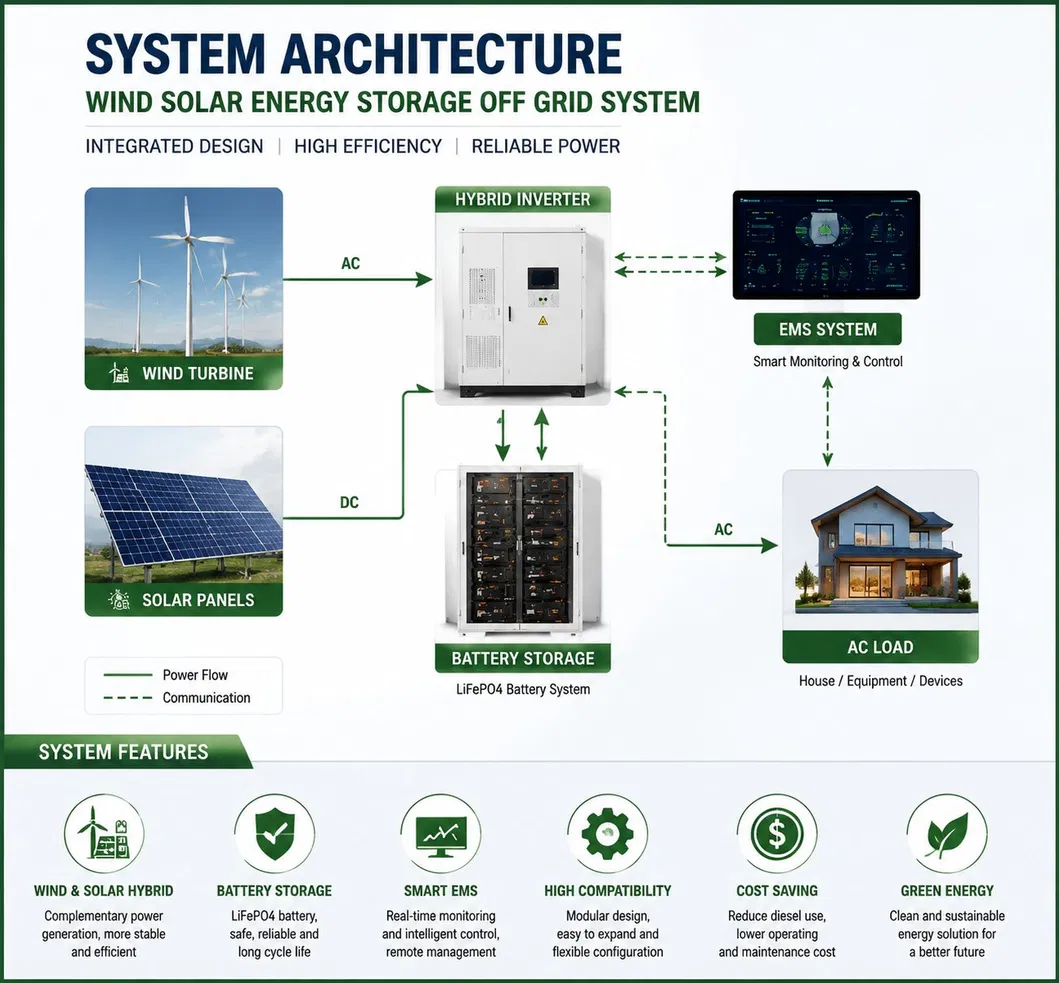 1MW-10MW Sistema de Almacenamiento de Energía con Baterías de Viento y Solar Integrado Fuera de la Red para Granjas, Minería y Áreas Remotas