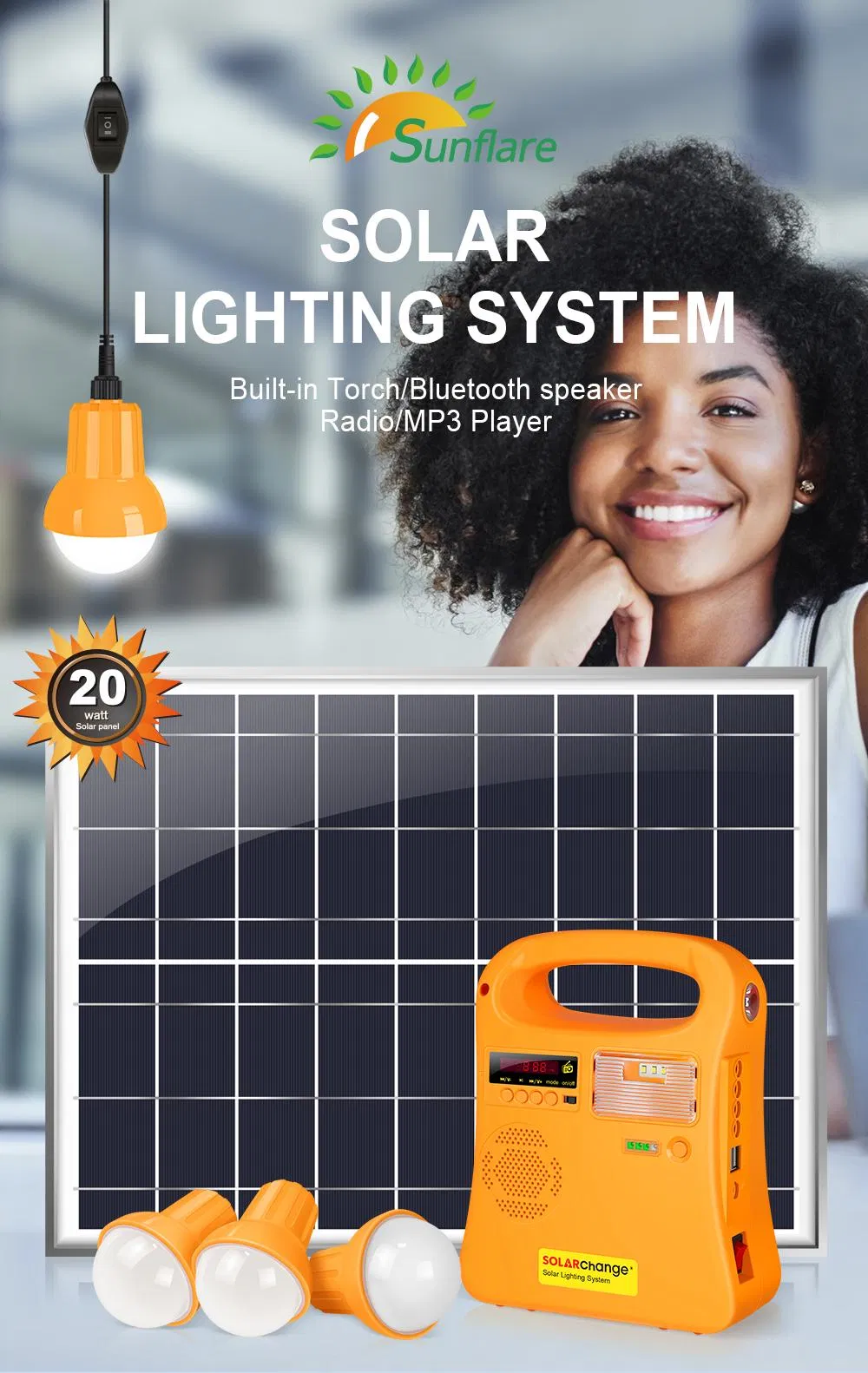 Sistema de Energía Solar Portátil 20W para Áreas Fuera de la Red Kit Solar para el Hogar con Radio FM