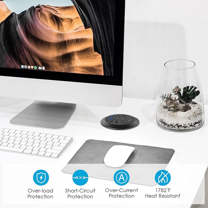 مخرج مكتب 20W منفذ شحن سريع USB-C تركيب مدمج لسطح المكتب أسود