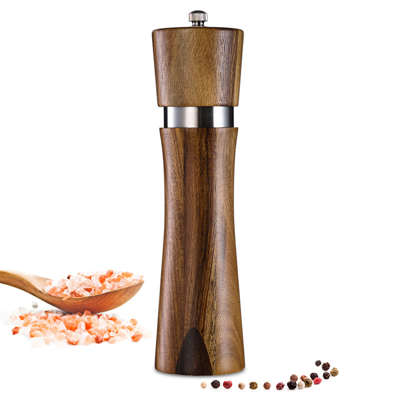 صندوق هدايا مخصص 8in مطحنة فلفل سوداء خشبية بجرار سيراميك لطحن الخشونة مجموعة يدوية من مطحنة الملح والفلفل مع صينية خشبية ملعقة