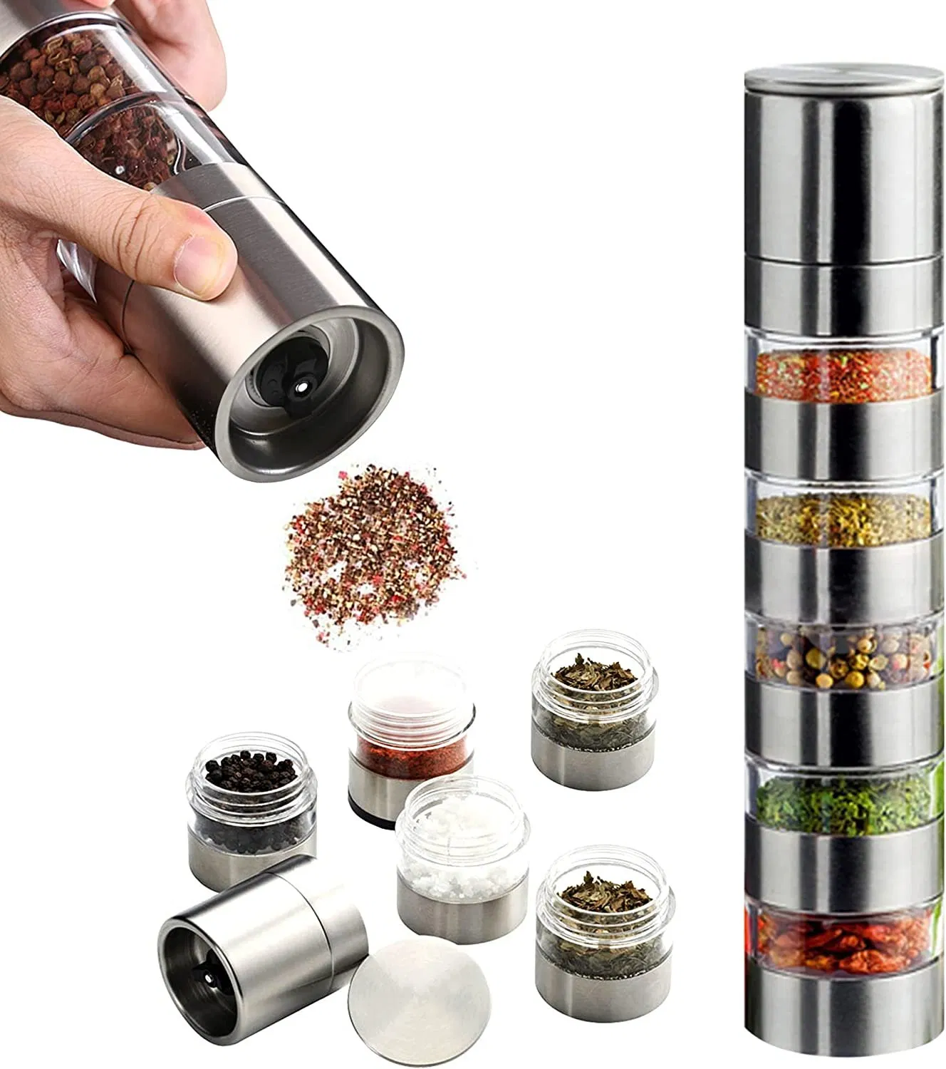5 in 1 Multi-Functional Stainless Steel Manual Salt and Pepper Grinder Premium Mills