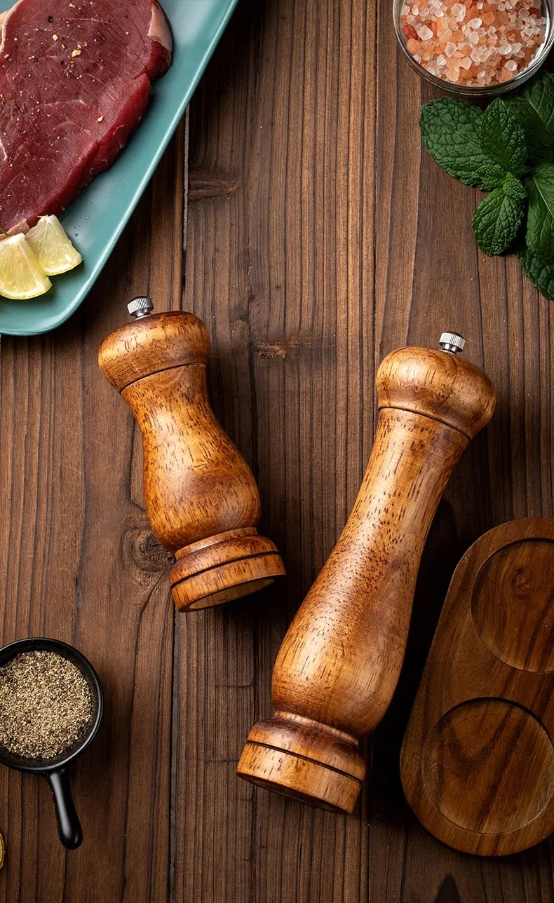 طقم مطحنة ملح وفلفل خشبي، مطاحن ملح وفلفل من خشب الأكاسيا قابلة لإعادة التعبئة، مطحنة فلفل مع قابلية ضبط الخشونة، مطاحن ملح وفلفل لطاولة