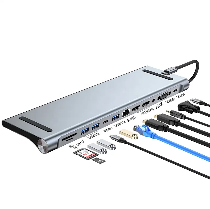 محطة توصيل نوع C مع منفذ 12 في 1 مع دعامات HDTV مزدوجة SD TF USB 3.1 USB-C Pd RJ45 محولات صوتية USB لأجهزة كمبيوتر ماك بوك