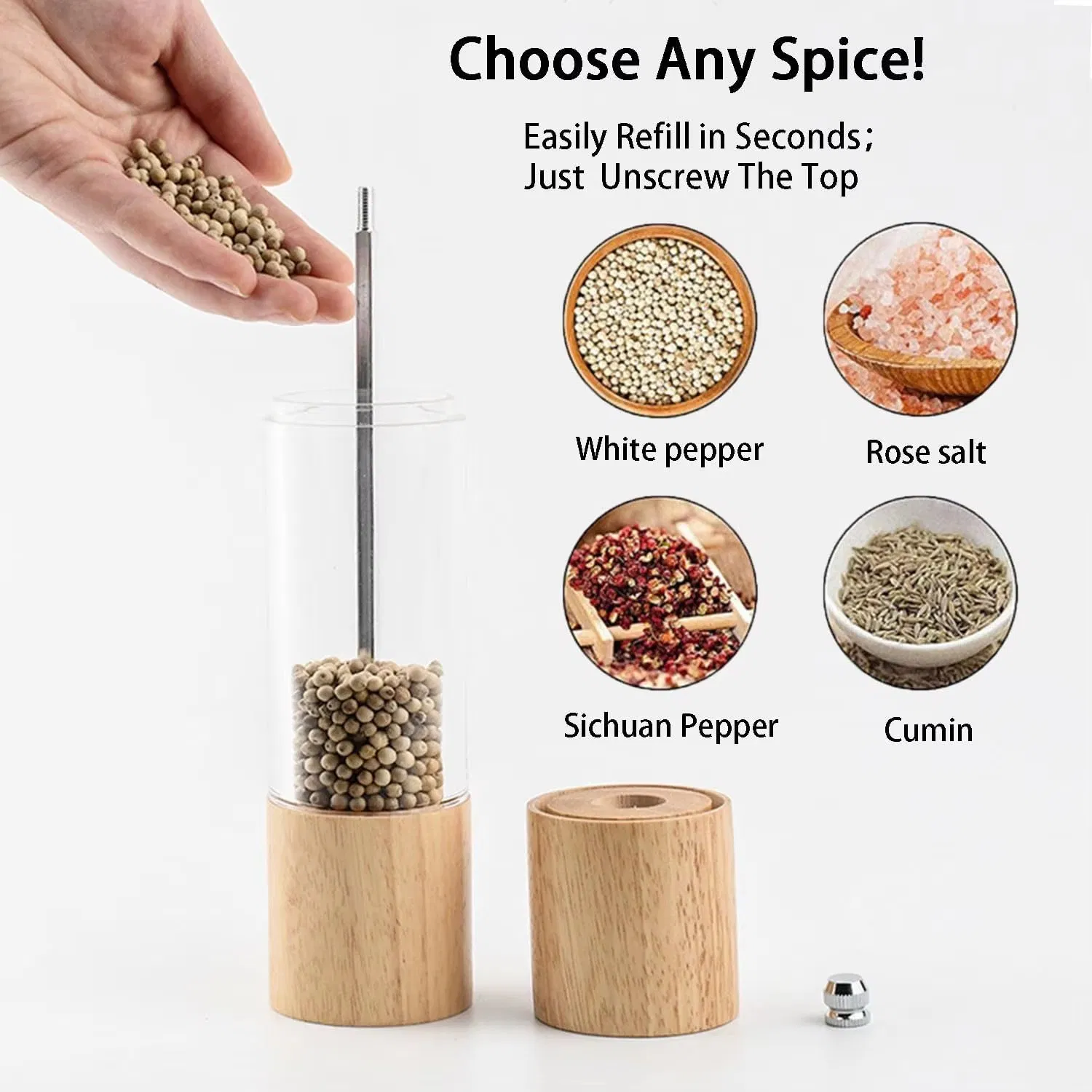 8inch Wood Salt and Pepper Spices Grinder Mill Hand Manual Adjustable Roughness Ceramic Burr Grinder