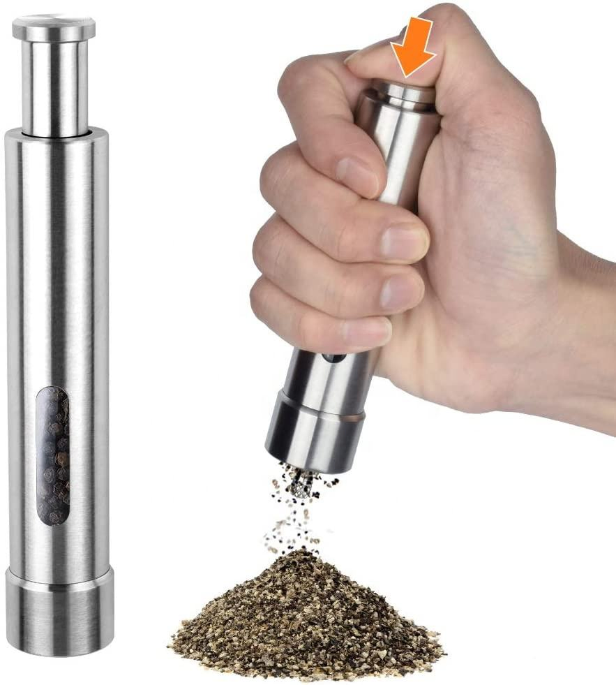 Moedor de Especiarias Mini Manual Premium com Botão de Pressão em Aço Inoxidável para Sal e Pimenta para Cozinhar
