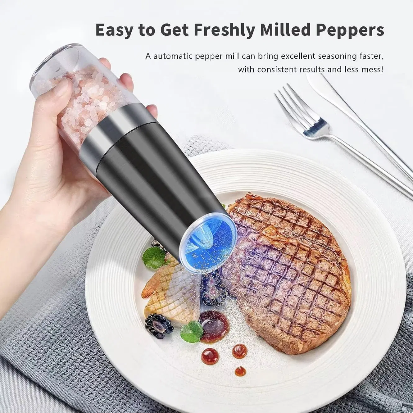 Battery Powered with LED Light Electric Gravity Automatic Pepper and Salt Grinder Set