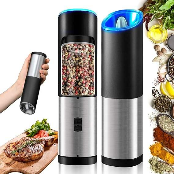 Conjunto de Moedores Elétricos de Sal e Pimenta em Aço Inoxidável para Cozinha