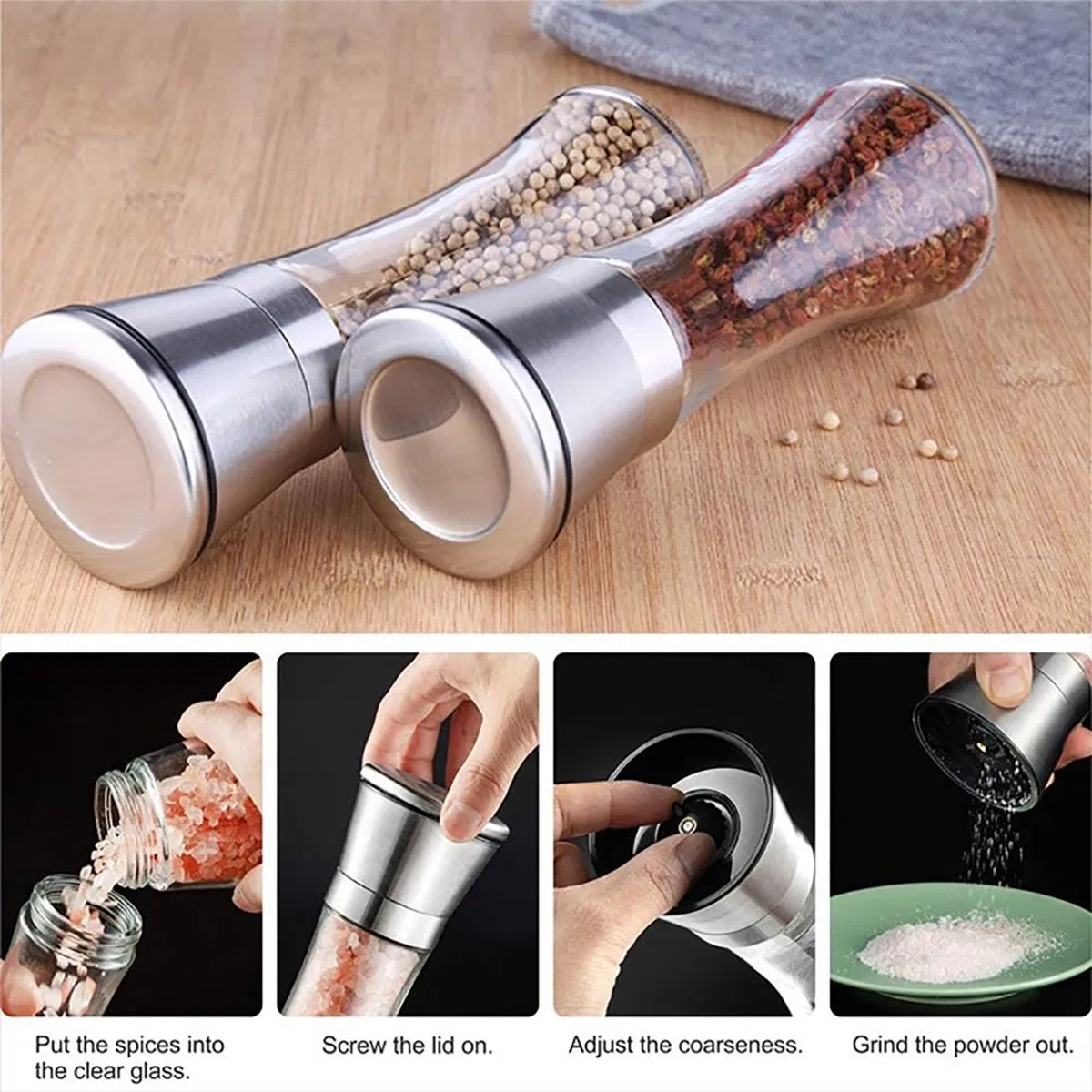 Moedor de Sal e Especiarias de Aço Inoxidável para Cozinha, Manual de Pimenta em Vidro