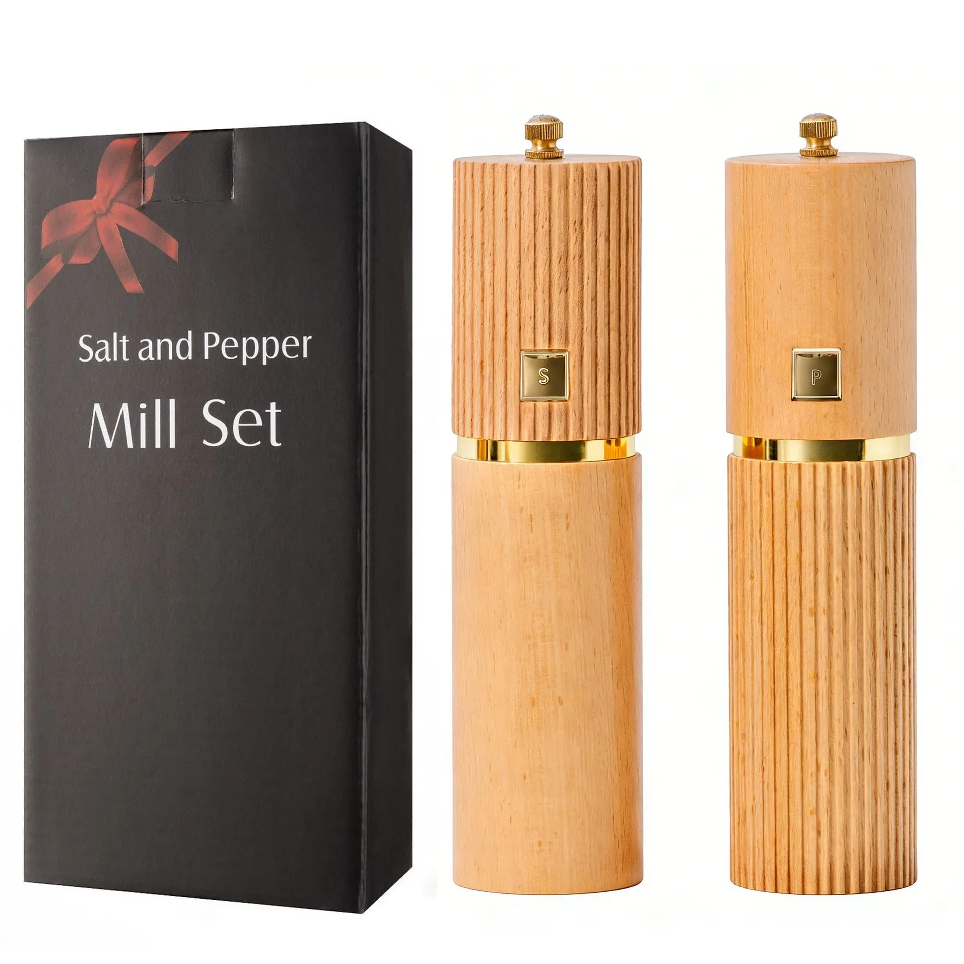 Conjunto de Moedores de Sal e Pimenta de Madeira com Detalhes Dourados - Conjunto de Moedores de Sal e Pimenta de Madeira Recarregável com Cerâmica Ajustável