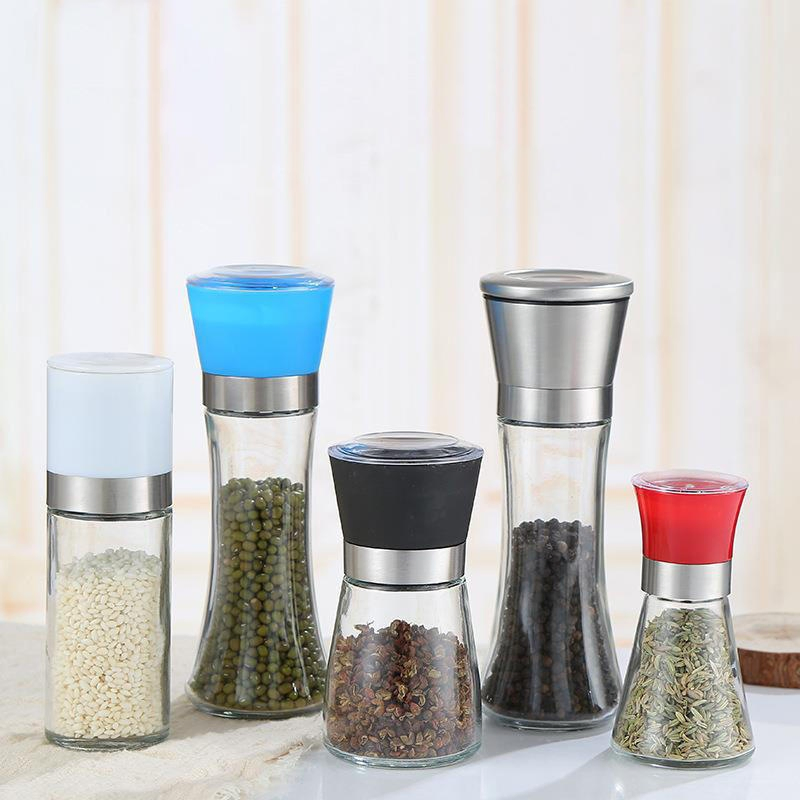 Venda Quente 180ml 200ml Atacado Mini Embalagem de Temperos Aço Inoxidável Sal e Pimenta Moedor Manual de Vidro Garrafa Moedor de Temperos