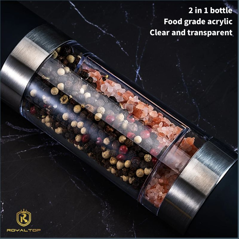 Conjunto de Moedores de Sal e Pimenta Manuais Refiláveis de Cozinha 2-in-1 Garrafa Acrílica Moedor de Pimenta Preta com Logo Personalizado