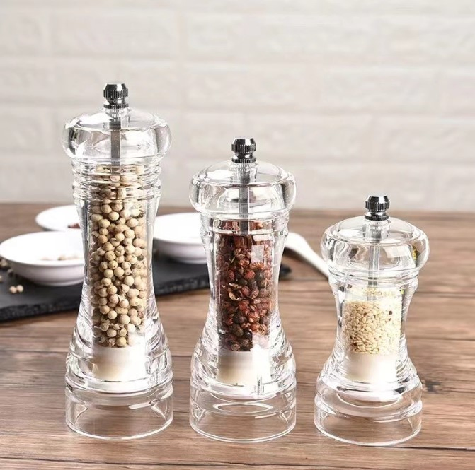 Venda por atacado de utensílios de cozinha de múltiplas especificações, moedor manual de pimenta e sal marinho em material acrílico