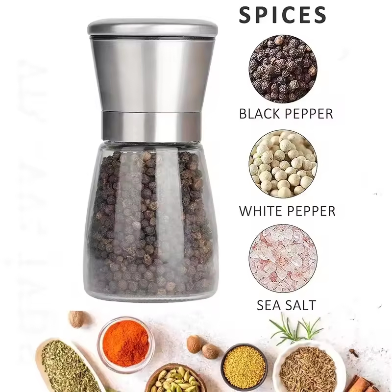 Manual de Peças de Aparelhos de Cozinha Inteligentes Personalizados da Fábrica de Guangdong 5 Em 1 Moedor de Sal, Pimenta e Especiarias de Vidro Sesame