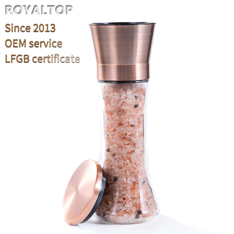 Conjunto de moedores de sal e pimenta com frasco de vidro alto, moedor de cerâmica para pimenta em rosa dourado, recarga em bulk e ajuste de grossura