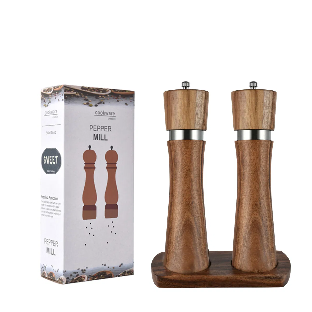 8inch 2 em 1 Conjunto de Moedores de Sal e Pimenta Manuais de Madeira