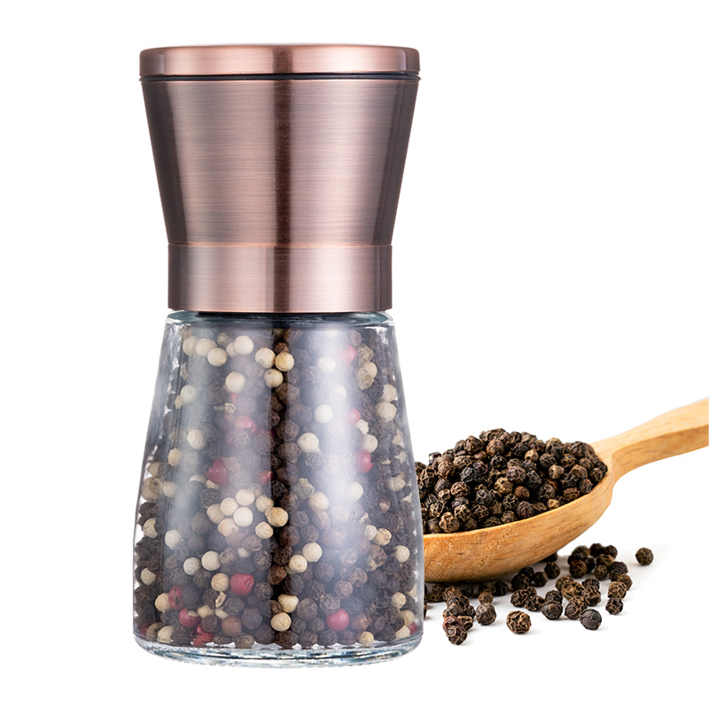 Conjunto de moedores de sal e pimenta com frasco de vidro alto, moedor de cerâmica para pimenta em rosa dourado, recarga em bulk e ajuste de grossura