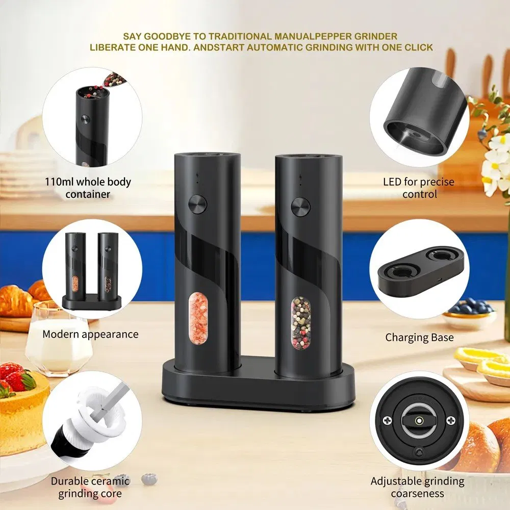 Conjunto de moedores elétricos de sal e pimenta recarregáveis em preto para presente